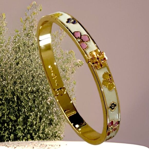 TORY BURCH MULTICOLORED FLOWERS LACQUERED BRACELET - Picture 1 of 4